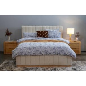 PORTSEA QUEEN LIFT BED BEIGE FABRIC / TIMBER PLINTHE