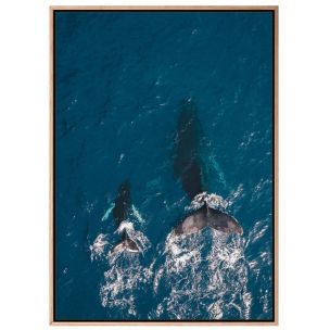 WHALE AND CALF CANVAS ARTWORK WITH NATURAL FRAME - 1000 X 700